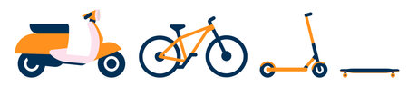 Transportation for food delivery service, icon set of bike, bicycle, kick scooter, and longboard....