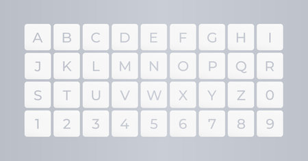 Font keyboard for digital world, virtual reality, HUD interface. ABC symbols in square for educational and logic games. Vector typographyのイラスト素材