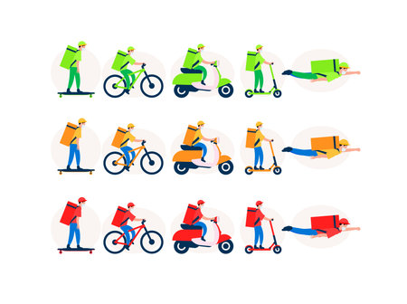 Set of delivery men on transport with a backpack for food, yellow delivery service, colors flag of Ukraine, vector illustrationのイラスト素材