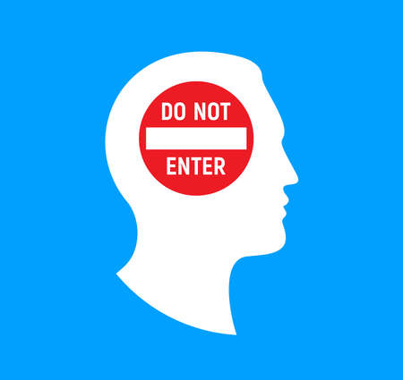 Male head silhouette with do not enter sign, men rights, teenage boy problems, do not disturb sign. Vector illustrationのイラスト素材