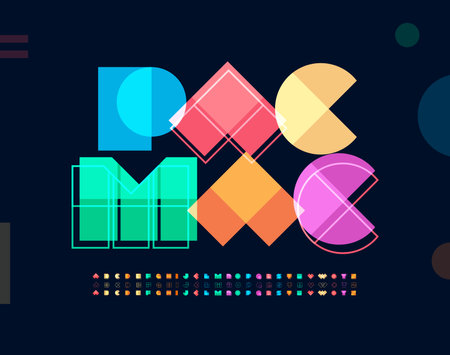 Pacman font, bright colored letters set, color alphabet. Colorful type for funny joyful type and graphic, kids zone logo, kid birthday headline, children food and drink vector typography design.のイラスト素材