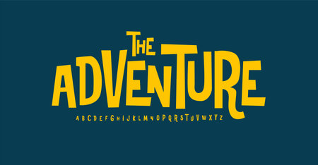 Adventure font modern bouncy typeset, lively friendly alphabet. Playful cheerful letters in Los Muertos Mexican style for menus, labels, signage, ads, crafts and comic book. Vector typographic designのイラスト素材