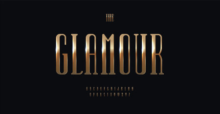 Elegant high font gold glittering color. Serifs narrow typeset, upright lofty alphabet. Luxury letters for premium and monogram of restaurant, wedding, jewelry, fashion. Vector typography designのイラスト素材