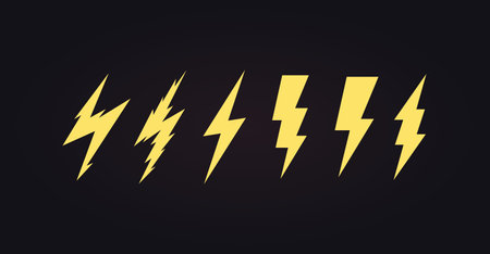 Lightning icon set. Cartoon lightening, bolt logo template, energy and electricity symbols collection. Simple flat design, vector illustrationのイラスト素材