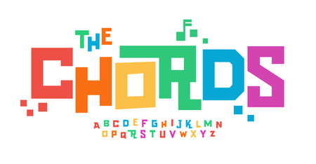 Kid colored alphabet, playful geometric letters, puzzles quests font for unique groovy logo, game and toy headline, birthday and greeting card typography, thank you phrases. Vector typographic designのイラスト素材