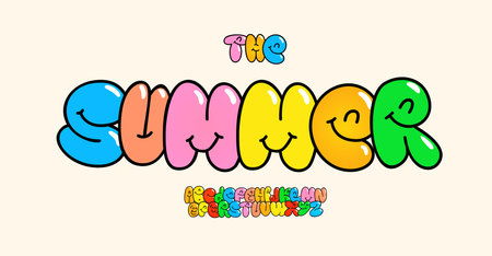 Smiling bubble letters, cute alphabet in cartoon graffiti style, funny font for childrens books, birthday greetings, kid game logos, shirt typography, cool playful design. Vector typographic designのイラスト素材