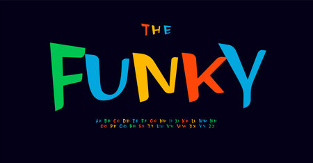 Funku playful alphabet, dynamic laidback letters, bright, colorful and vibrant font for uneven expressive logo, lively and cheerful headline, unique and cool typography. Vector typographic designのイラスト素材
