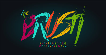 Crayons hand drawing rainbow alphabet, brush pen color script, quick handpainted font for funky logo, chalk headline, cartoon typography, handwritten color typographic design. Vector typesetのイラスト素材