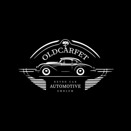 Minimalistic logo template, white icon of old car silhouette on black background, modern logotype concept for business identity, t-shirts print, tattoo. Vector illustrationのイラスト素材