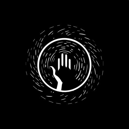 Minimalistic round logo template, white icon of arm in magic circle silhouette on black background, modern logotype concept for business identity, t-shirts print, tattoo. Vector illustrationのイラスト素材