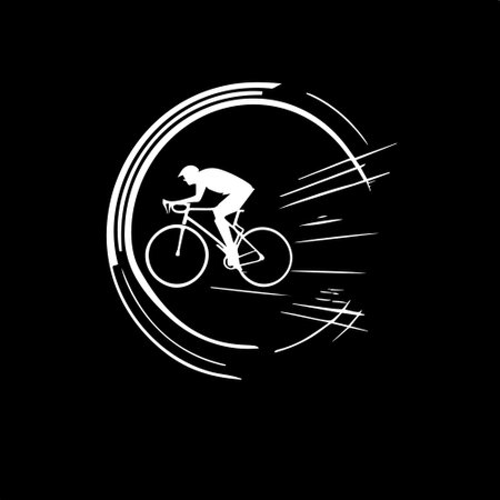 Minimalistic round logo template, white icon of cyclist silhouette on black background, modern logotype concept for business identity, t-shirts print, tattoo.Vector illustrationのイラスト素材