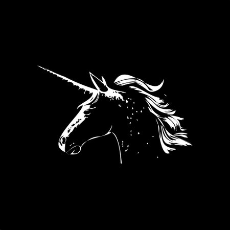 Unicorn dotwork tattoo with dots shading, depth illusion, tippling tattoo. Hand drawing white emblem on black background for body art, minimalistic sketch monochrome logo. Vector illustrationのイラスト素材