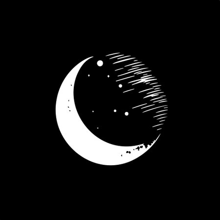 Minimalistic logo template, white icon of moon in space silhouette on black background, modern logotype concept for business identity, t-shirts print, tattoo. Vector illustrationのイラスト素材