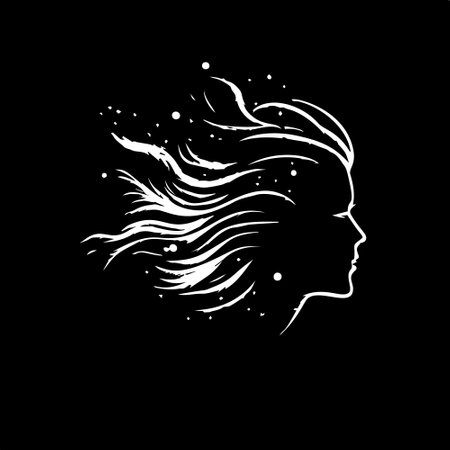 Minimalistic logo template, white icon of woman hairstyle silhouette on black background, modern logotype concept for business identity, t-shirts print, tattoo. Vector illustrationのイラスト素材
