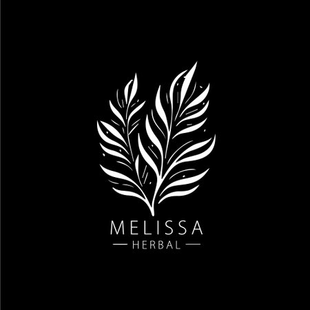 Melissa herbs boho logo white icon of hand drawn sketch dry branch leaves silhouette on black background, t-shirt print, nature label, tattoo template. Isolated vector illustrationのイラスト素材