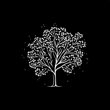 White icon of tree silhouette on black background, wise symbol, education sign, boho logo concept, t-shirts print, tattoo template. Vector illustrationのイラスト素材