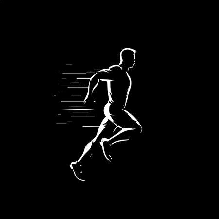 White icon of runner silhouette on black background, sport logo template, jogging modern logotype concept, t-shirts print, tattoo. Vector illustrationのイラスト素材