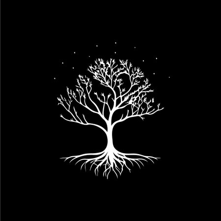White icon of tree roots silhouette on black background, wise symbol, education sign, boho logo concept, t-shirts print, tattoo template. Vector illustrationのイラスト素材