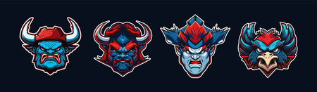 Cartoon animal head, red and blue sport logo collection with white outlined. Angry face of bull, giant, aviator and eagle characters. Sport team mascot set. Vector illustrationのイラスト素材
