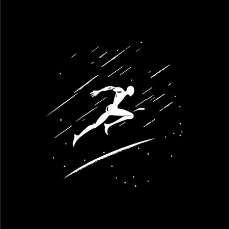 White icon of runner silhouette on black background, sport logo template, jogging or jumping modern logotype concept, t-shirts print, tattoo, infographic. Vector illustrationのイラスト素材