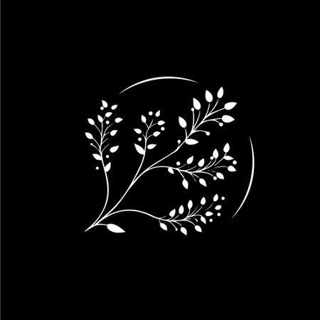 White icon of hand drawn sketch dry herbs silhouette on black background, modern boho logo template, t-shirt print, nature minimalist label, tattoo template. Isolated vector illustrationのイラスト素材
