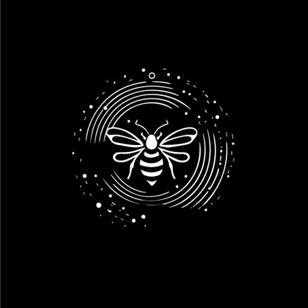 Minimalistic hive logo template, white icon of bee silhouette on black background, bumblebee modern logotype concept, sketch, tattoo. Vector illustrationのイラスト素材
