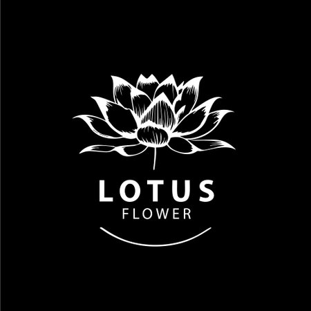 Minimalistic waterlily logo template, white icon of lotus petals flower silhouette on black background, yoga logotype concept, cosmetic emblem, tattoo. Vector illustrationのイラスト素材