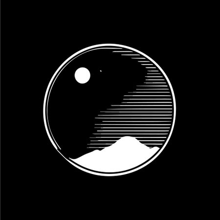 Minimalistic dessert round logo, prairie landscape silhouette white icon on black background, countryside monochrome logotype concept, scenery sketch, tattoo. Vector illustrationのイラスト素材