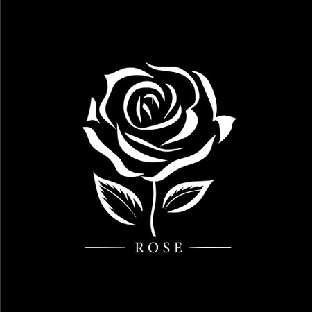 Rose flower logo template, white icon of blossom rose petals silhouette on black background, boutique logotype concept, cosmetic emblem, tattoo. Vector illustrationのイラスト素材