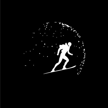 Skier logo template, mountain skis emblem, dotwork tattoo with dots shading, tippling tattoo. Hand drawing emblem on black background for body art, monochrome sketch art. Vector illustrationのイラスト素材