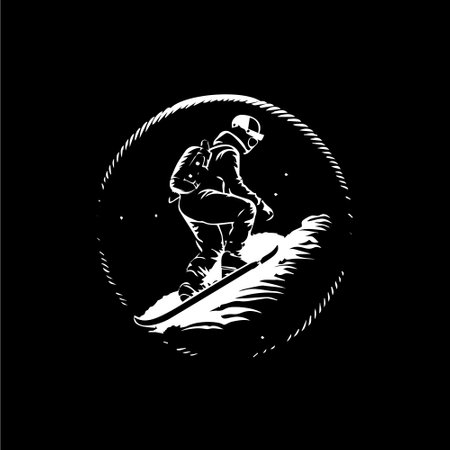 Snowboarding logo template, snowboarder emblem, dotwork tattoo with dots shading, tippling tattoo. Hand drawing emblem on black background for body art, monochrome sketch art. Vector illustrationのイラスト素材