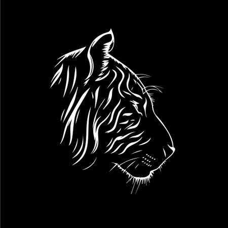 Tiger head dotwork tattoo with dots shading, depth illusion, tippling tattoo. Hand drawing wild animal emblem on black background for body art, minimalistic sketch monochrome logo. Vector illustrationのイラスト素材