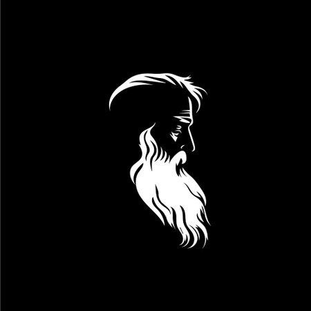 Bearded old man bust logo template, Santa Claus monument emblem, sage stamp, grandfather tattoo sketch. Hand drawing emblem on black background for body art, monochrome art. Vector illustrationのイラスト素材