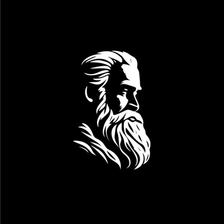 Bearded old man bust logo template, Santa Claus monument emblem, sage stamp, grandfather tattoo sketch. Hand drawing emblem on black background for body art, monochrome art. Vector illustrationのイラスト素材
