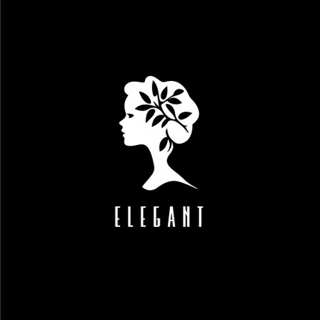 Black and white silhouette of a young girl head, woman profile icon with branch leaves, modern logo for cosmetics brand, hair care product, beauty saloon. Vector illustrationのイラスト素材