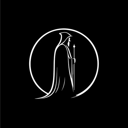 Sorcerer head silhouette tattoo, astronomer logo template. Fortune teller emblem on black background, magician elder line icon. Vector illustrationのイラスト素材