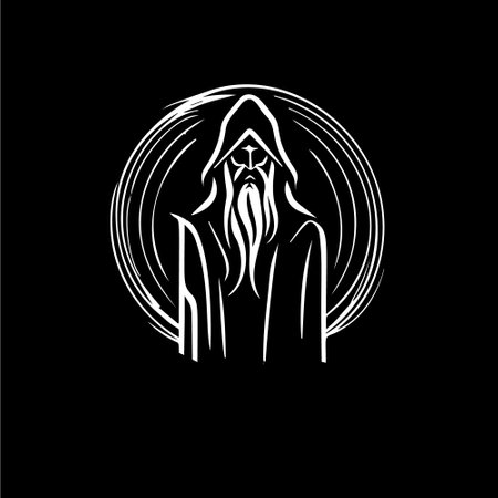 Sorcerer head silhouette tattoo, astronomer logo template. Fortune teller emblem on black background, magician elder line icon. Vector illustrationのイラスト素材