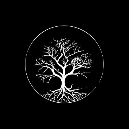 Tree roots silhouette icon, knowledge symbol, education abstract sign, lumberjack logo concept, carpentry logotype, t-shirt print, life symbol on black background. Isolated vector illustrationのイラスト素材