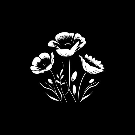 Poppy flower bouquet logo template, white icon of blossom poppy petals silhouette on black background, boutique logotype concept, cosmetic emblem, tattoo. Vector illustrationのイラスト素材
