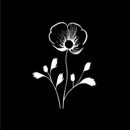 Poppy flower logo template, white icon of blossom poppy petals silhouette on black background, boutique logotype concept, cosmetic emblem, tattoo. Vector illustrationのイラスト素材