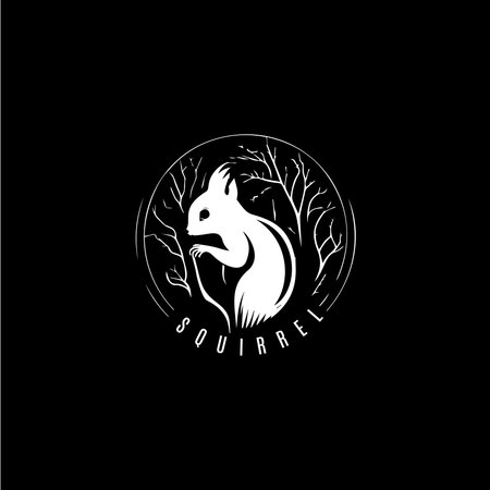 Squirrel head and tail icon, wild animal logo template. Hand drawing emblem on black background for body art and tattoo, minimalistic sketch art. Vector illustrationのイラスト素材