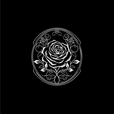 Rose flower logo template, white icon of blossom rose petals silhouette on black background, boutique logotype concept, cosmetic emblem, tattoo. Vector illustrationのイラスト素材