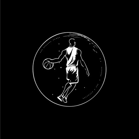 Basketball player white emblem, dribbling with ball, action player icon, logo template, hand drawing tattoo sketch silhouette on black background. Vector illustration.のイラスト素材