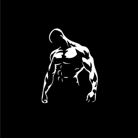 Bodybuilder male figure icon, GYM logo template, athletic man sign white silhouette on black background. Vector illustrationのイラスト素材