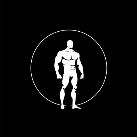 Bodybuilder male figure icon, GYM logo template, athletic man sign white silhouette on black background. Vector illustrationのイラスト素材