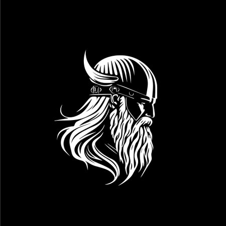 Nordic man head in helmet with horns emblem, Viking logo template, ancient warrior sign, medieval artisan of craftsman mascot. Vector illustration.のイラスト素材