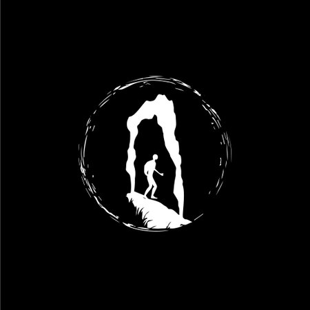 Speleologist figure in cave silhouette logo template, caveman icon, extreme sport challenge, speleologist label, risk rock expedition symbol. Vector illustration.のイラスト素材