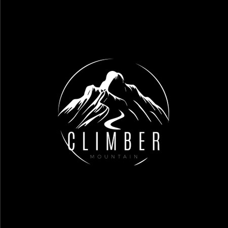 Mountain silhouette logo template, climb icon, extreme sport challenge, hiker label, risk rock expedition symbol. Vector illustration.のイラスト素材
