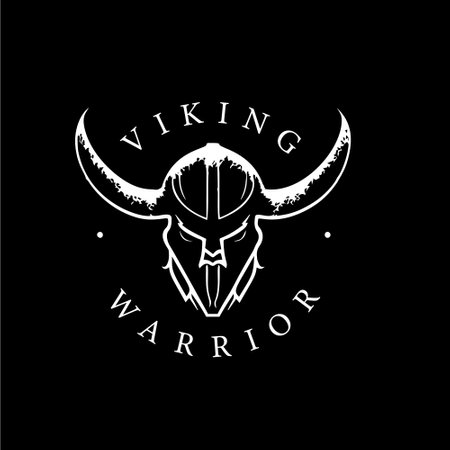 Nordic man head in helmet with horns emblem, Viking logo template, ancient warrior sign, medieval artisan of craftsman mascot. Vector illustration.のイラスト素材