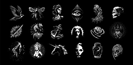 Tattoo sketch collection, modern dotwork tippling tattoo. Hand drawing objects emblem on black background for body art, sketch monochrome logo set. Vector illustrationのイラスト素材